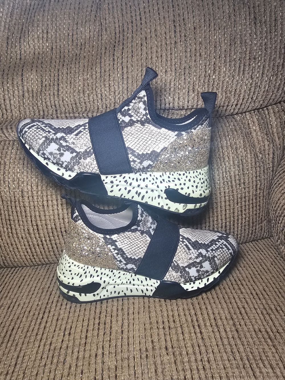 Steve Madden Slip-On Sneakers | Snake Print + Glitter Heel | Size 6